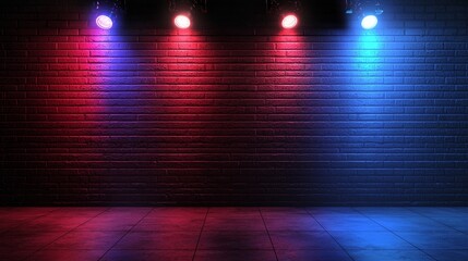 Poster - An effect of red and blue neon light on a brick wall that has not been plastered.