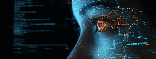 In this image, close-up female eyes are being scanned using biometric technology using photorealistic digital cyber technology with colourful faces, a dark background complements this shot well.