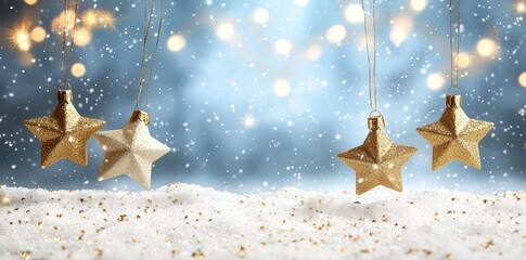 Poster - The festive Christmas natural snowy landscape, abstract empty stage, background with snow, snow drift, and golden Christmas lights.