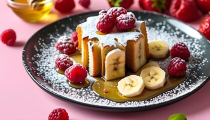 Decadent berry and banana cake dusted with powdered sugar, garnished with fresh fruits and honey, set against a cheerful pink backdrop