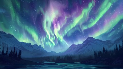 Wall Mural - Aurora Borealis: A mesmerizing display of the Northern Lights dancing across the night sky in vibrant greens and purples. 
