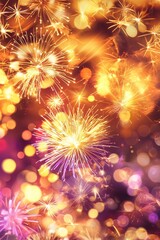 Aufkleber - New Year's Eve Fireworks with bokeh and a copy space background. Abstract holiday background with Stock art.