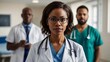 © Tatiana - Confident African American female doctor in medical uniform standing with blurred colleagues in a hospital