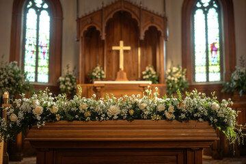 Funeral casket with flowers in church altar with cross