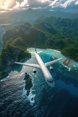 Jet passenger airplane flying over a tropical island. The airliner makes a landing on exotic islands in the warm ocean, vacation travel concept