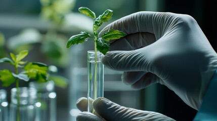 Poster - In gloved hands, a test tube with plant biotechnology is held