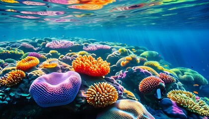 Vibrant underwater coral reef teeming with colorful marine life, showcasing diverse corals and sea anemones in a serene oceanic environment