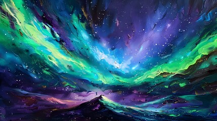 Wall Mural - Aurora Borealis: A mesmerizing display of the Northern Lights dancing across the night sky in vibrant greens and purples. 
