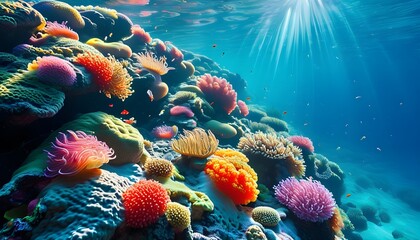 Vibrant underwater coral reef teeming with colorful marine life, showcasing diverse corals and sea anemones in a serene oceanic environment