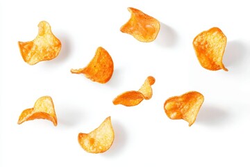 Canvas Print - Fried potato chips falling in the air, snack time, junk food and high calorie concept, crunch pieces of snack.