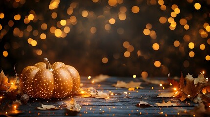 Wall Mural - Illuminated Pumpkin with Autumn Leaves and Lights