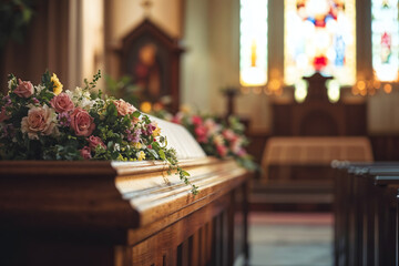 Casket with flowers in a sunlit church funeral service