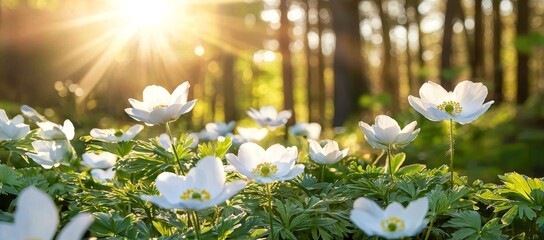 Poster - White flowers of anemones in a spring forest close-up in sunlight. Flowering primroses in a spring forest landscape.