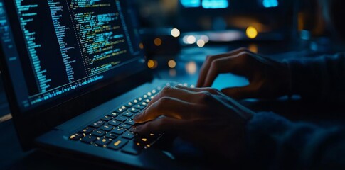 Fototapete - Programming in a laptop for data management and exchange with AI business and machine learning, concept of digital technology and data science.