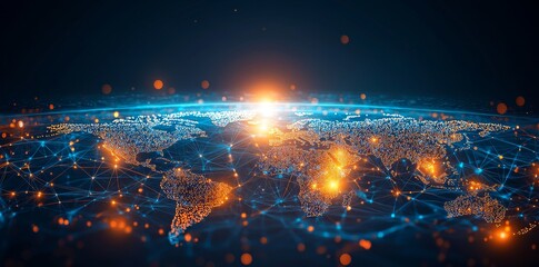 Aufkleber - International data transfer, cyber technology, worldwide business, information exchange, and telecommunications on an abstract world map