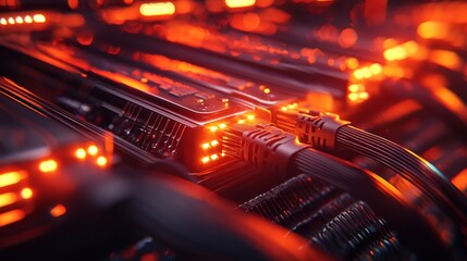 Fototapete - For storing and transmitting information through a secure internet technology network, a LAN cable is used in a modern server room.