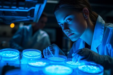 Aufkleber - An advanced biotechnology researcher examines a petri dish containing a precision sample
