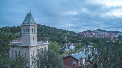 Wall Mural - Barcelona Spain time lapse night to day city skyline at Park Guell