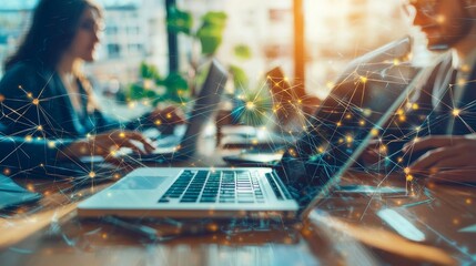 Fototapete - An illustration depicting business people using the Internet to connect to a network