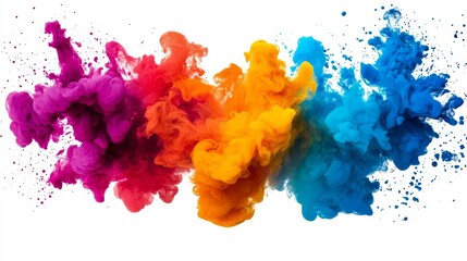 Sticker - A colorful rainbow powder explosion isolated on a wide white panorama background.