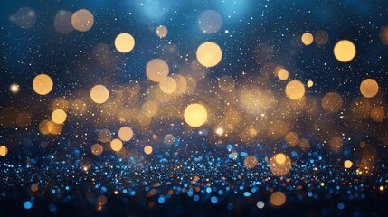 Fototapete - A dark blue background with gold particles in bokeh. Christmas golden light shine particles. Holiday concept. Gold foil texture.