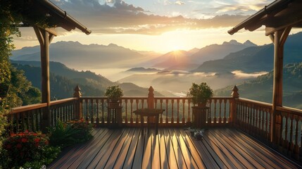 Canvas Print - Sunrise Mountain View From Wooden Balcony