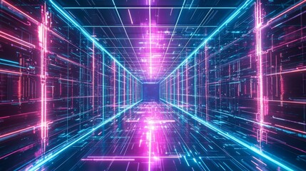Leinwandbilder - Abstract futuristic technology background. Lines of network, big data, data center, server, internet, speed, neon lights.