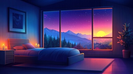 Poster - Beautiful night view from the window of a Japanese house bedroom interior. Cartoon or anime watercolor digital painting illustration style.