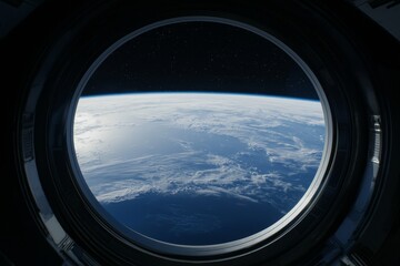 Poster - With a stunning bright universe view from a round window on the white cabin of a spacecraft