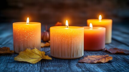 Wall Mural - Warm Autumn Candles and Leaves on Rustic Wood