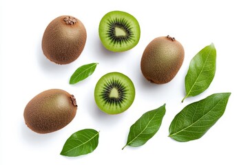 Poster - Kiwi slices falling or floating with green leaves isolated on white background, Fresh organic fruit high in vitamins and minerals.