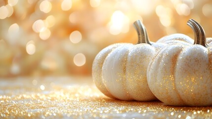 Poster - White Pumpkins with Gold Glitter on Sparkling Background