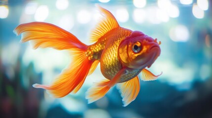 A stunning shot of a goldfish in a spacious aquarium, with its bright orange scales and flowing fins illuminated by aquarium lights.