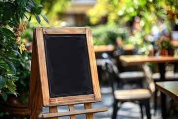 Poster - The sign of a restaurant is a blank blackboard near the entrance. The menu of a cafe is displayed on the street. A mockup of a whiteboard sign outside a restaurant is seen on the left.