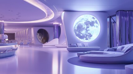 Fototapete - Cyber living room with neon light and reflections, futuristic interior designed with high technology and luxury style.