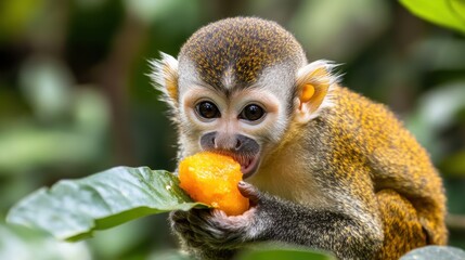 Canvas Print - A small monkey eating a piece of fruit from the tree, AI