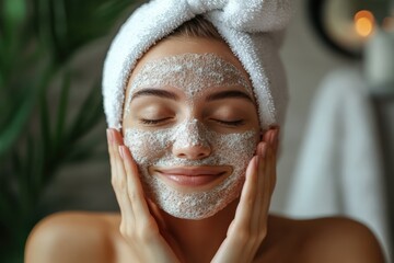 Face Scrub. Skincare Concept. Woman Applying Organic Face Scrub in Stylish Bathroom