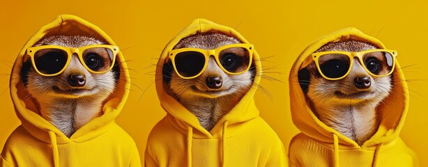 Wild and wacky otter group isolated on bright background with colorful mismatch outfits