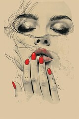 tattoo design of woman hand with red nails, eyes closed, beautiful face,