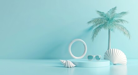 Poster - White blank circle on blue background, summer season decoration elements theme.