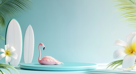 Poster - Display podium with white circle for product with summer element beach ball, flamingo inflatable and others.