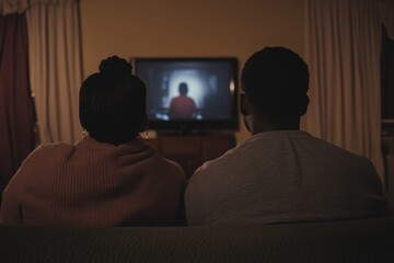 Observing a scary movie at home with an African American couple wearing socks