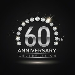 60 years anniversary celebration. Anniversary logo with silver design isolated on black background, design for celebration, invitation card, and greeting card.
