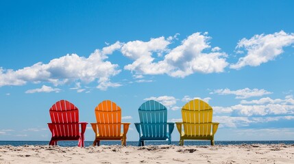 Poster - Beach chairs on a blue sky with white clouds in the background.