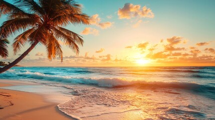 Poster - It was a stunning sunset over the tropical beach, with palm trees swaying in the breeze and crystal-clear water