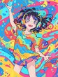 © Deris Firmansyah - Illustration of a person dancing energetically with headphones on, set against a colorful abstract background. The dynamic pose and flowing hair convey movement and joy