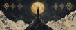 © iNCuteCraffic - A solitary figure stands on a mountain peak, illuminated by a radiant sun and surrounded by mystical symbols in a dramatic landscape.