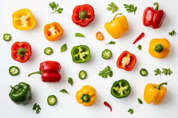 Canvas Print - Isolated on a white background, falling peppers in green, yellow, and red colors.