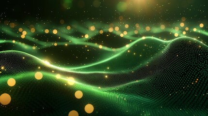 Fototapete - This background is composed of glowing green particles that are moving in a wave-like pattern, creating a sense of depth and movement.