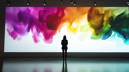 Silhouette Woman Viewing Colorful Abstract Art Projection